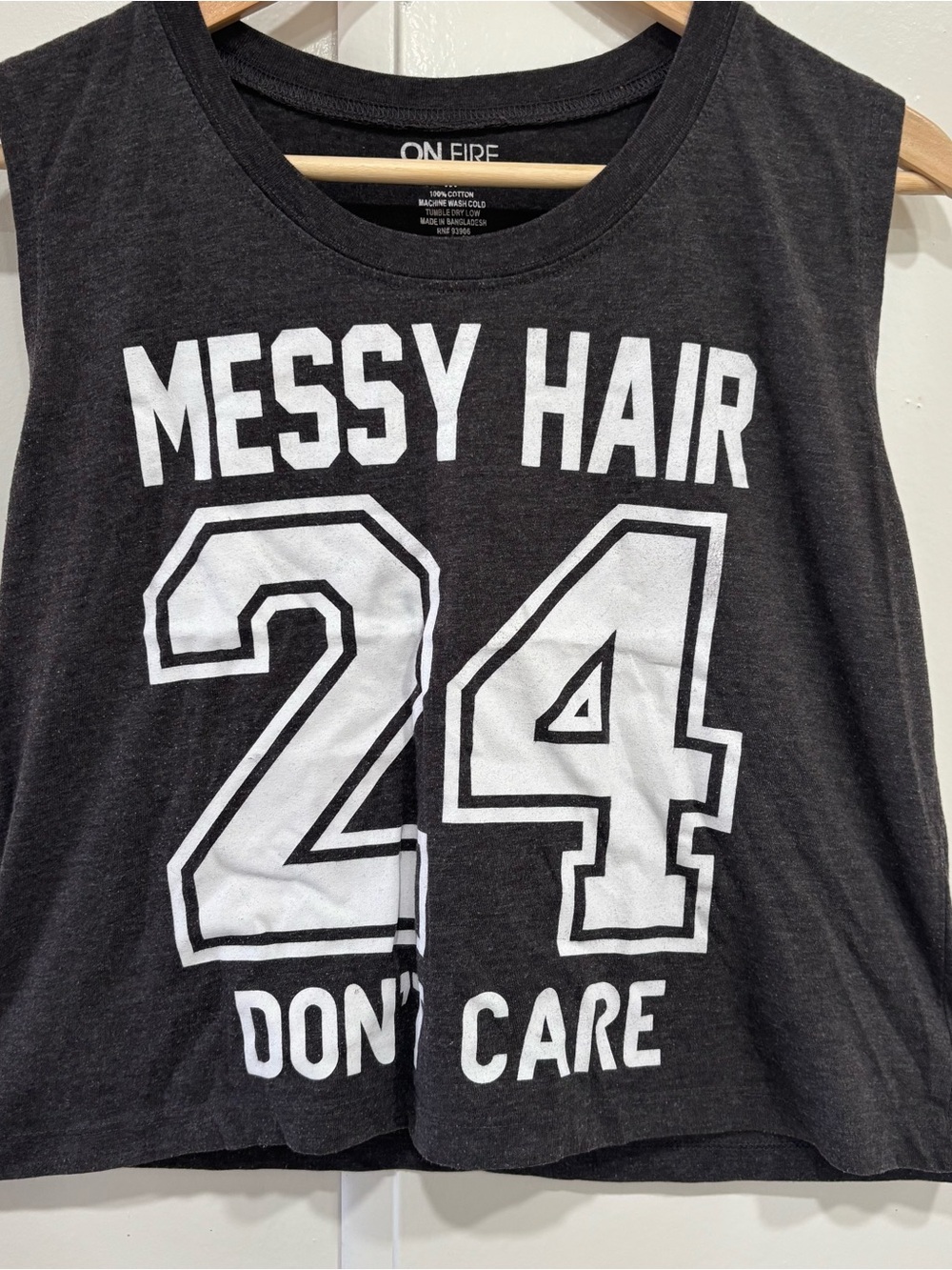 On Fire Black Crop Tank with White 'Messy Hair 24' Graphic